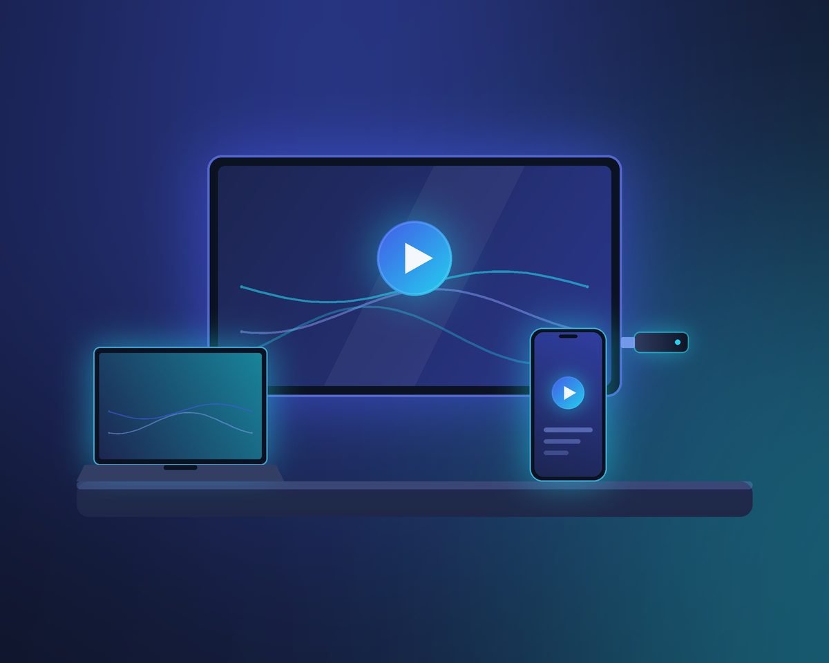 Smart TV na parede com um pequeno aparelho conectado à entrada HDMI, ao lado de um celular e de um notebook sobre o móvel